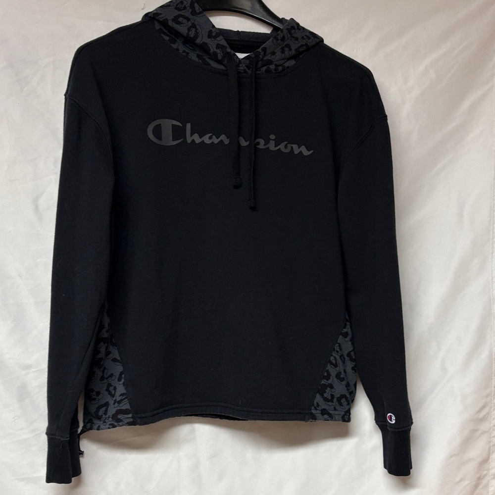 Champion Black Hoodie with Patterned Accents